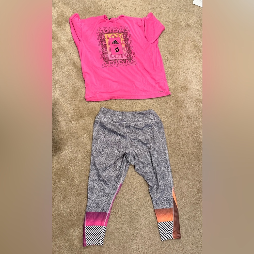 Peloton Adidas Pink and Gray Leggings and t shirt with